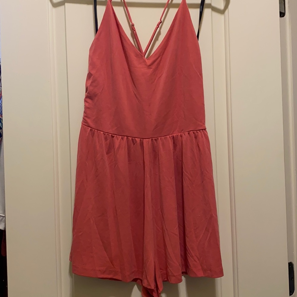 Coral spaghetti strap romper